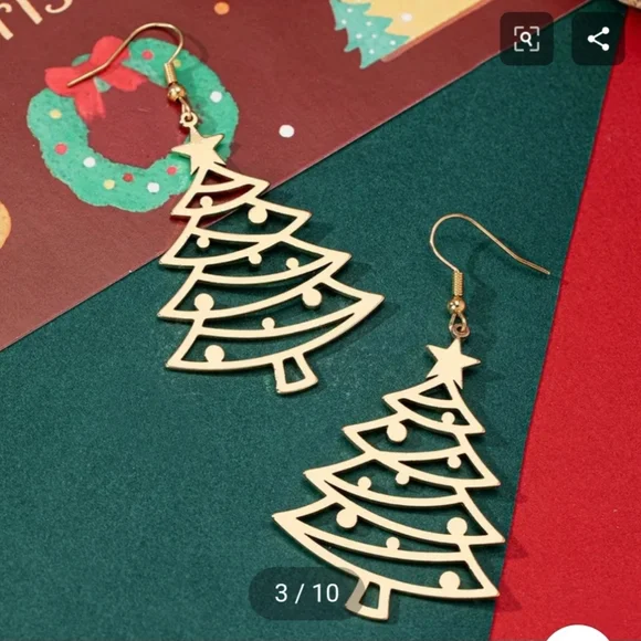 Gold Christmas Tree Earrings Holiday Festive - Picture 9 of 10